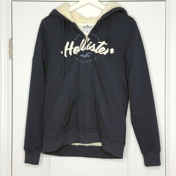 NWT HOLLISTER SHERPA FULL ZIP HOODIE SWEATSHIRT NAVY BLUE WOMENS SIZE M - Picture 1 of 5